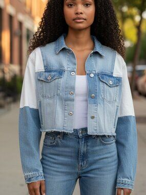 BAYEAS Women's Patch Work Denim Jacket Cropped Raw Edge Sz.S-NWT-Retails for $88